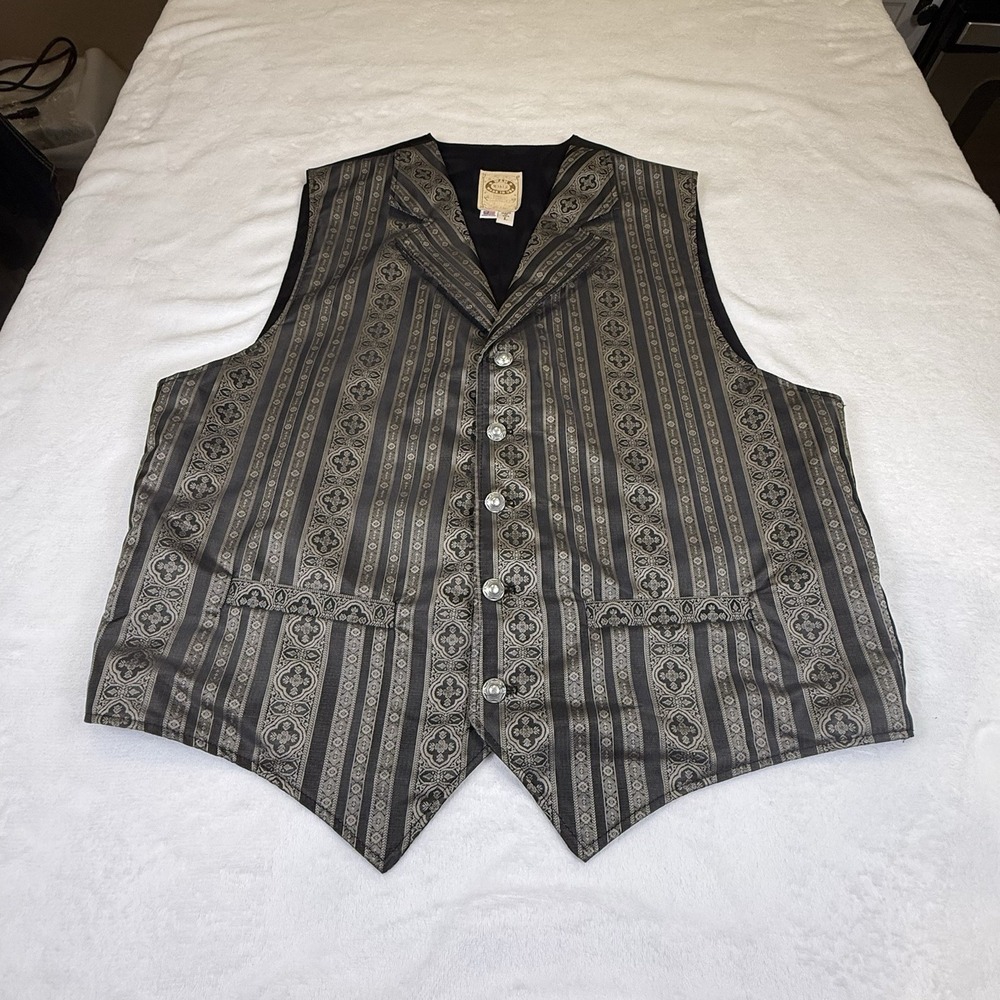 Vintage Wah Maker Mens L Western Vest Black Gold Brocade Made USA Cowboy